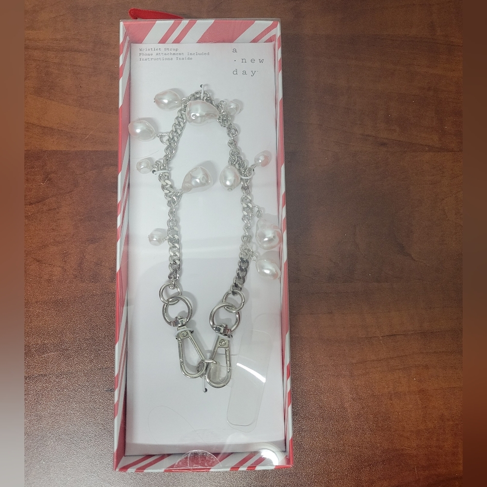 A New Day Silver Chain with White Pearls Wristlet Strap Nwt